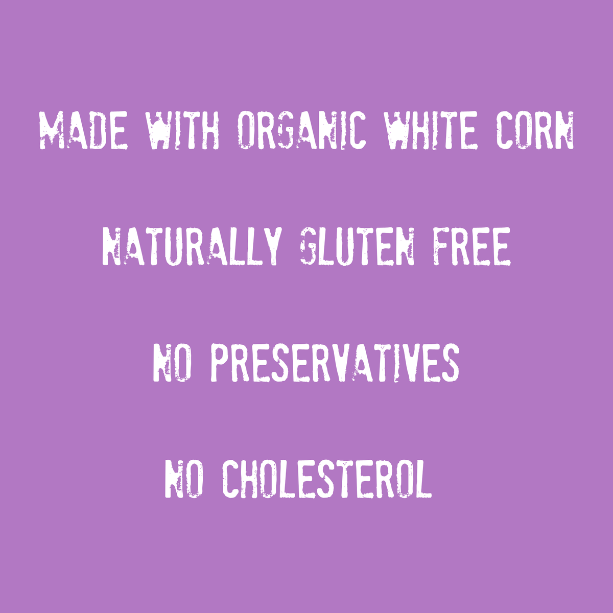 Text on a purple background reads: Mi Niña Tortilla Organic Thin & Crispy Sea Salt chips are made with organic white corn, naturally gluten free, and contain no preservatives or cholesterol. These 1.5 oz tortilla chips come lightly seasoned with sea salt.
