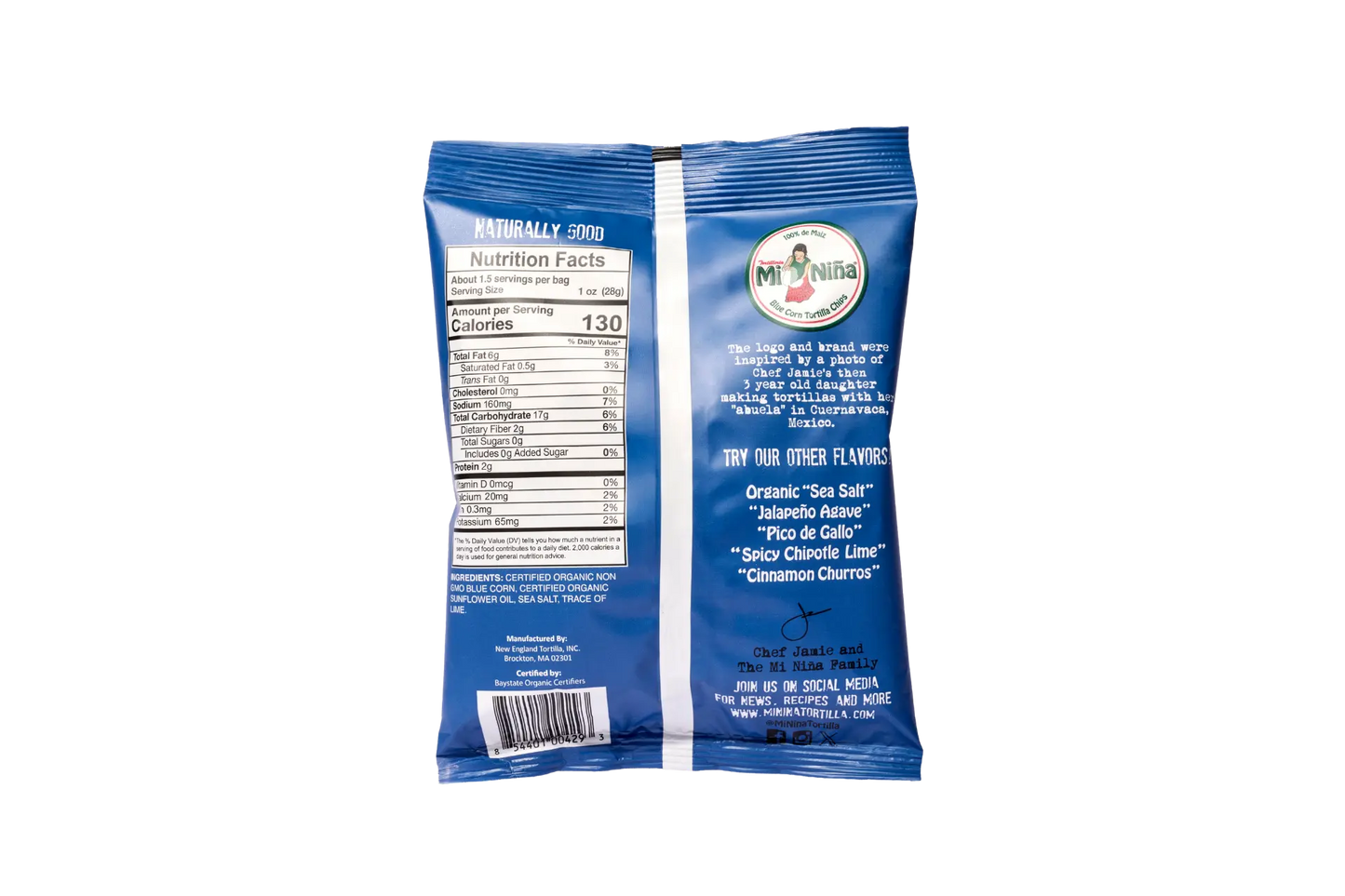 Back of a Mi Niña Tortilla Organic Blue Corn “Sea Salt” Tortilla Chip 1.5 oz bag from the 24 pack, featuring nutrition facts, description, other flavors, barcode, and the Mi Niña logo at top right on a plain white background.