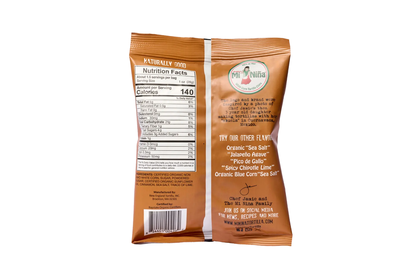 Back of a brown Mi Niña Tortilla Cinnamon “Churros” Tortilla Chip bag (24 Pack / 1.5 oz) shows nutrition facts, ingredients, barcode, other flavors info like corn tortilla chips, and the Mi Niña Foods logo at the top right.