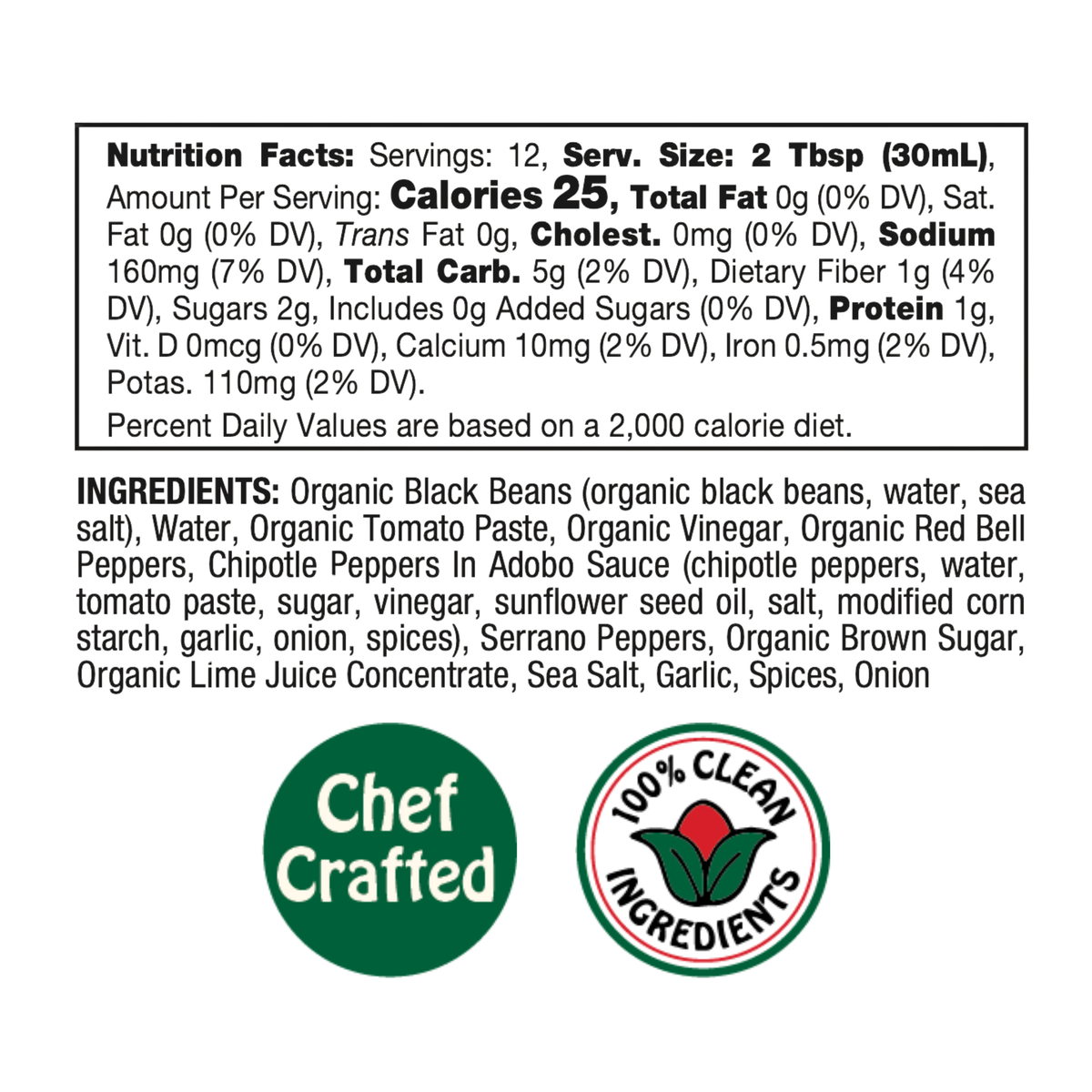 Nutrition facts and ingredients list for Mi Niña Tortilla Spicy Black Bean Salsa – 6 Pack / 12.8 oz. Displayed in bold black text on a clean white background, this jar boasts 100% Clean Ingredients and highlights essential nutritional information, serving size details, and a comprehensive ingredient list.