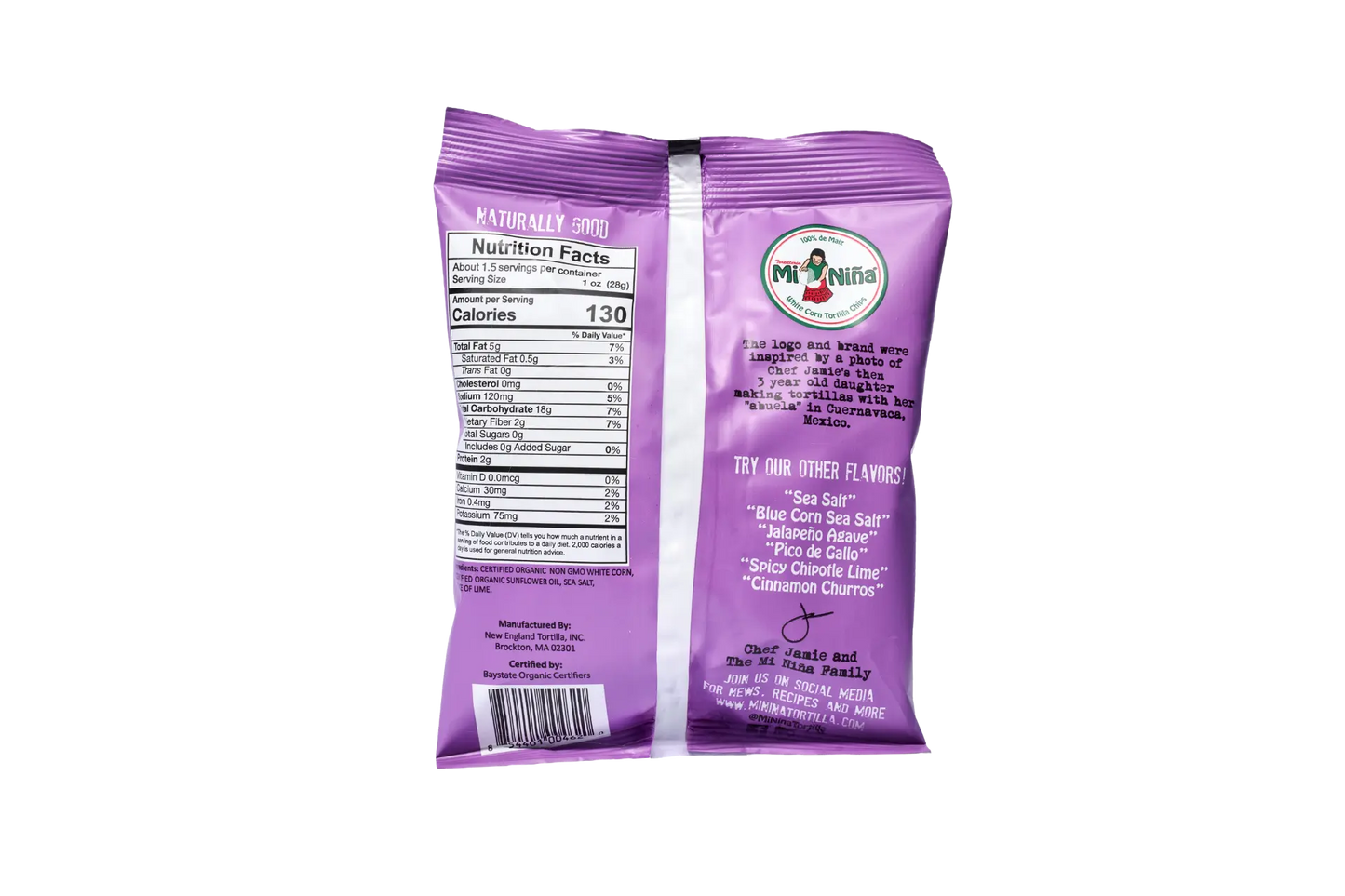 Back of a purple Mi Niña Tortilla Organic Thin & Crispy Sea Salt 1.5 oz bag displays nutrition facts, barcode, brand logo, ingredients, and other flavors: Sea Salt, Jalapeño, and Cinnamon Churros. Available in a 24 pack.
