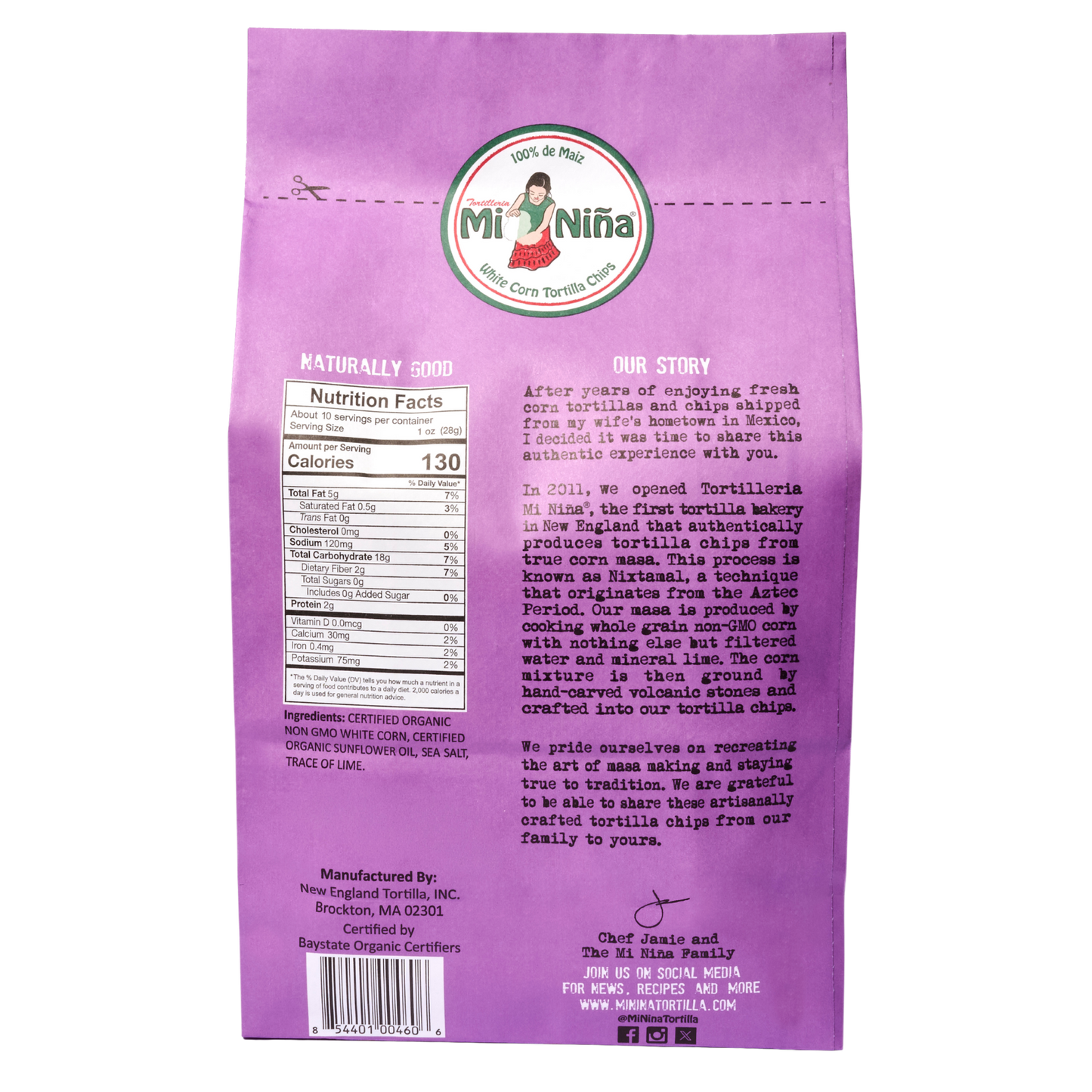 Back of a Mi Niña Tortilla Organic Thin & Crispy Sea Salt Tortilla Chip 10 oz bag showing nutrition facts, ingredients, brand logo, product story, certifications, and social media info in black and white text.