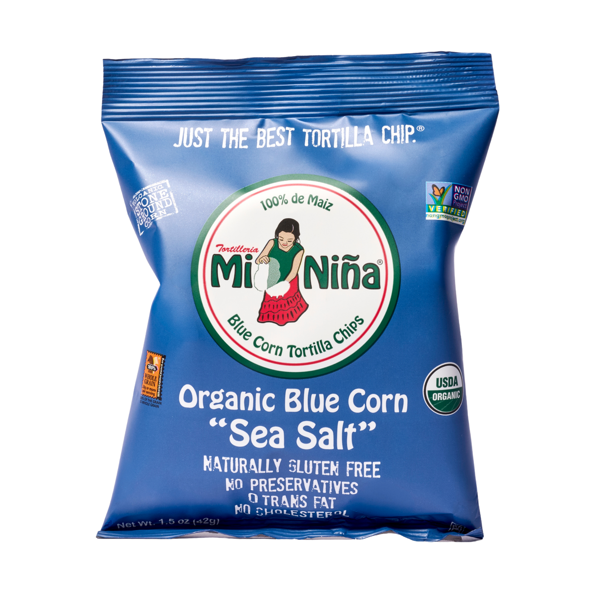 Individual 1.5 oz bag of Mi Niña Tortilla Organic Blue Corn Sea Salt Tortilla Chip.