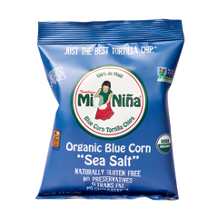 Individual 1.5 oz bag of Mi Niña Tortilla Organic Blue Corn Sea Salt Tortilla Chip.
