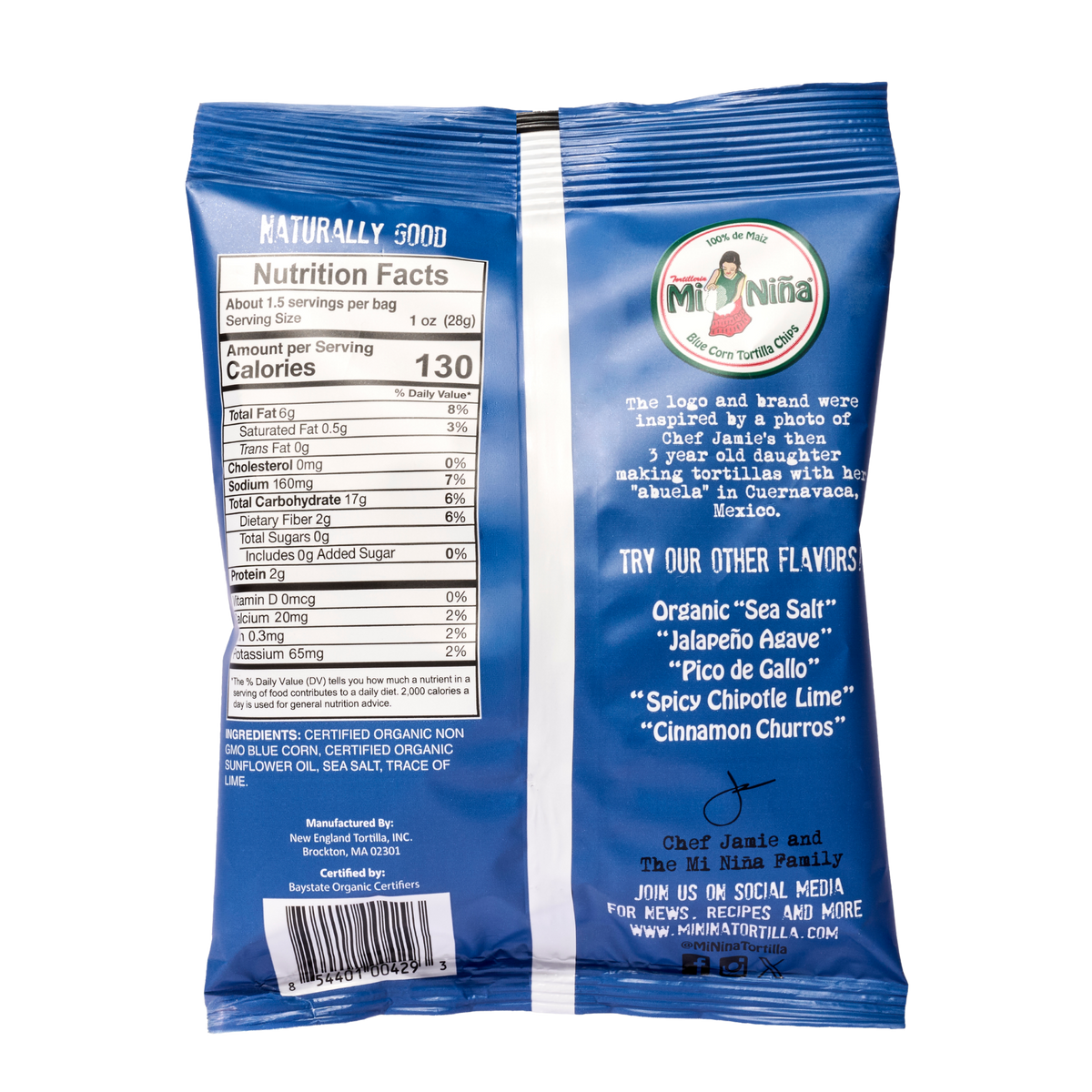 Back of a 1.5 oz bag of Mi Niña Tortilla Organic Blue Corn Sea Salt Tortilla Chip featuring a nutrition facts label, ingredient list, brand story, and a list of other available flavors.