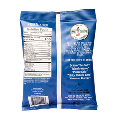 Back of a 1.5 oz bag of Mi Niña Tortilla Organic Blue Corn Sea Salt Tortilla Chip featuring a nutrition facts label, ingredient list, brand story, and a list of other available flavors.