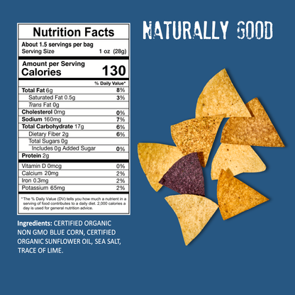 A nutrition label and ingredients list for Mi Niña Tortilla’s Organic Blue Corn “Sea Salt” Tortilla Chip (24 Pack / 1.5 oz) are displayed next to a vibrant pile of multicolored chips on a blue background, with the words “Naturally Good” above. Made with organic blue corn and just a hint of sea salt, each chip is crafted by Mi Niña Tortilla for an irresistibly natural crunch.