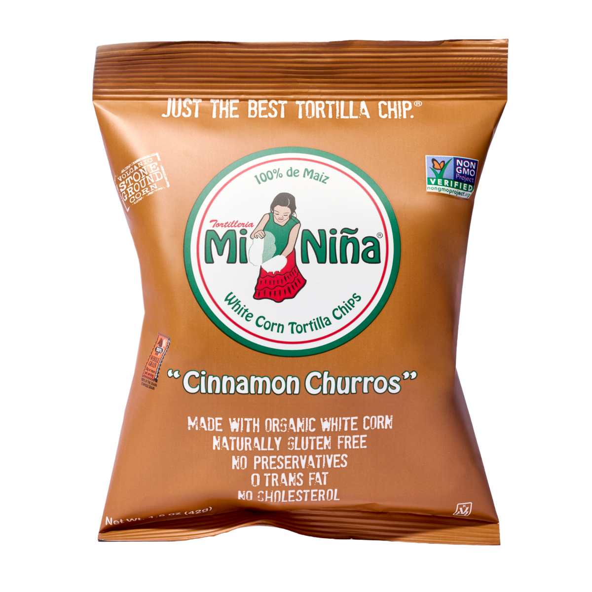 A brown bag of Mi Niña Tortilla Cinnamon Churros Tortilla Chip flavored corn tortilla chips.