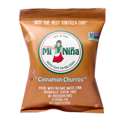 A brown bag of Mi Niña Tortilla Cinnamon Churros Tortilla Chip flavored corn tortilla chips.