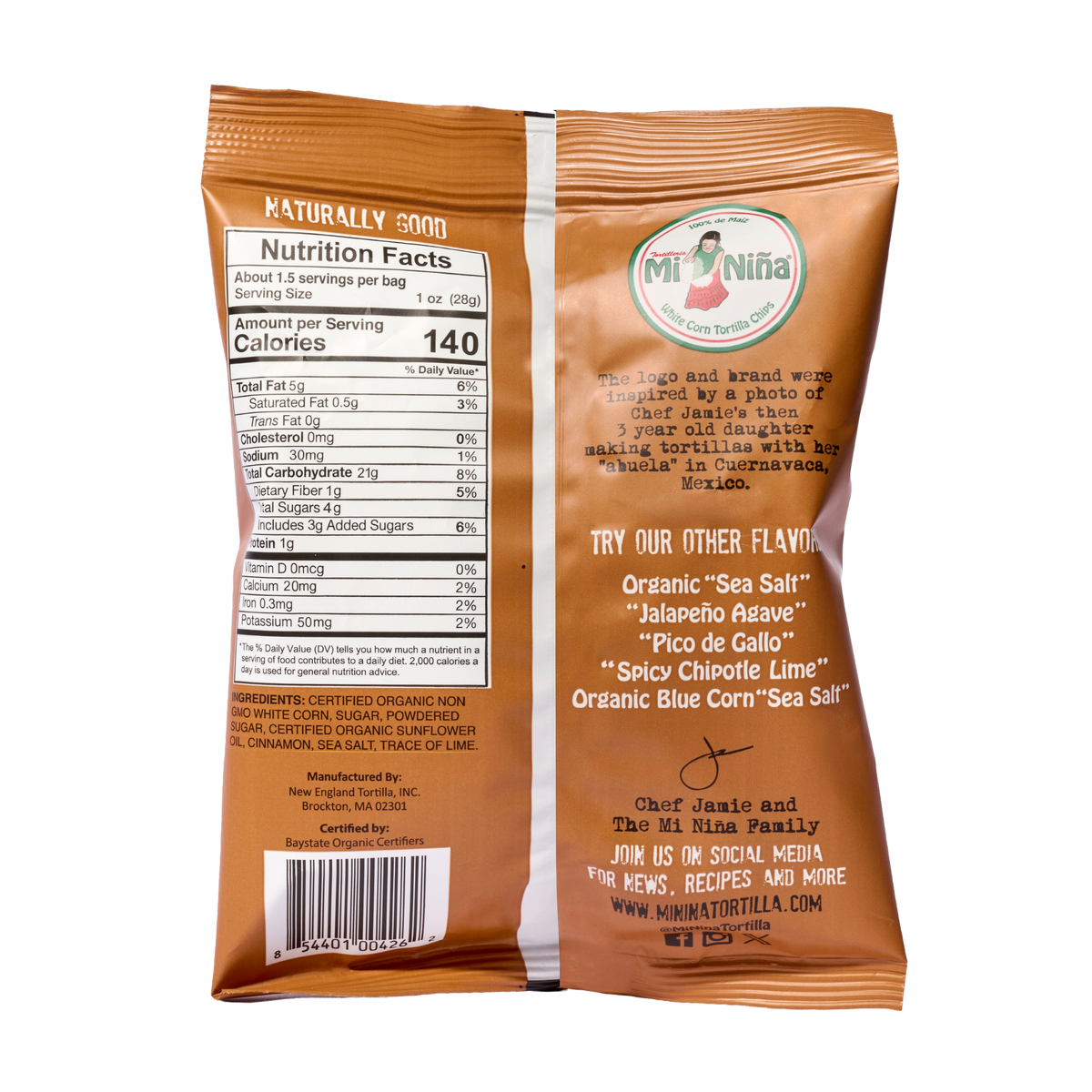 The back of a Mi Niña Tortilla Cinnamon Churros Tortilla Chip - 24 Pack / 1.5 oz snack bag displaying the nutrition facts label, a brief brand story, a list of other corn tortilla chips flavors, and a barcode.