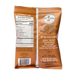 The back of a Mi Niña Tortilla Cinnamon Churros Tortilla Chip - 24 Pack / 1.5 oz snack bag displaying the nutrition facts label, a brief brand story, a list of other corn tortilla chips flavors, and a barcode.