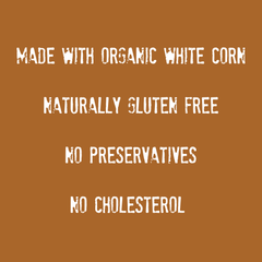 Text on a brown background reads: Made with organic white corn, these Mi Niña Tortilla Cinnamon “Churros” Tortilla Chips are naturally gluten free, with no preservatives and no cholesterol.