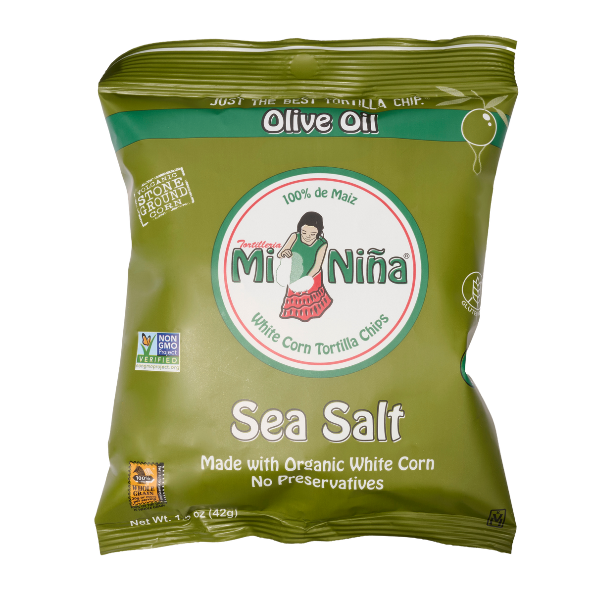 Olive green bag of Mi Niña Tortilla Sea Salt Made with Olive Oil corn tortilla chips.