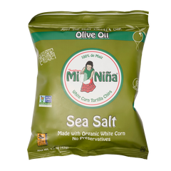 Olive green bag of Mi Niña Tortilla Sea Salt Made with Olive Oil corn tortilla chips.