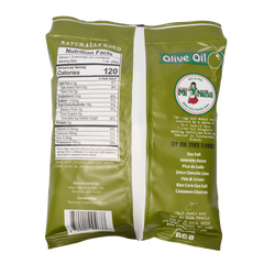 Back of an olive green Mi Niña Tortilla Sea Salt Made with Olive Oil - 24 Pack / 1.5 oz bag of white corn tortilla chips showing the nutrition facts, ingredients, and brand details.