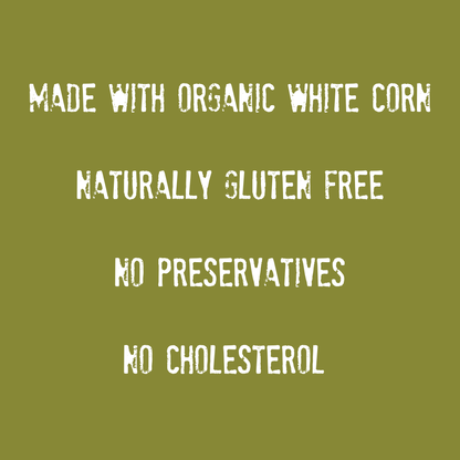 White text on a green background reads: Mi Niña Tortilla Sea Salt Made with Olive Oil Chips are made with organic white corn, naturally gluten free, and contain no preservatives or cholesterol. These delicious White Corn Tortilla Chips are crafted with just a touch of sea salt and olive oil. Available in a 24 Pack / 1.5 oz size.