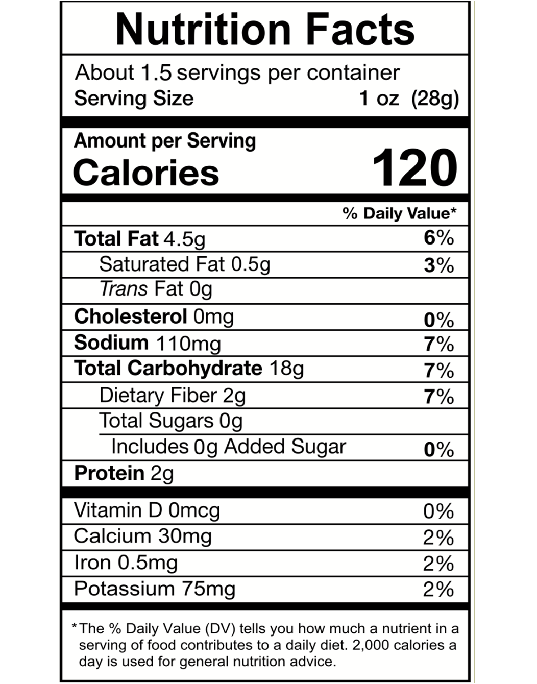 Nutrition facts for Sea Salt Made with Olive Oil - 24 Pack / 1.5 oz