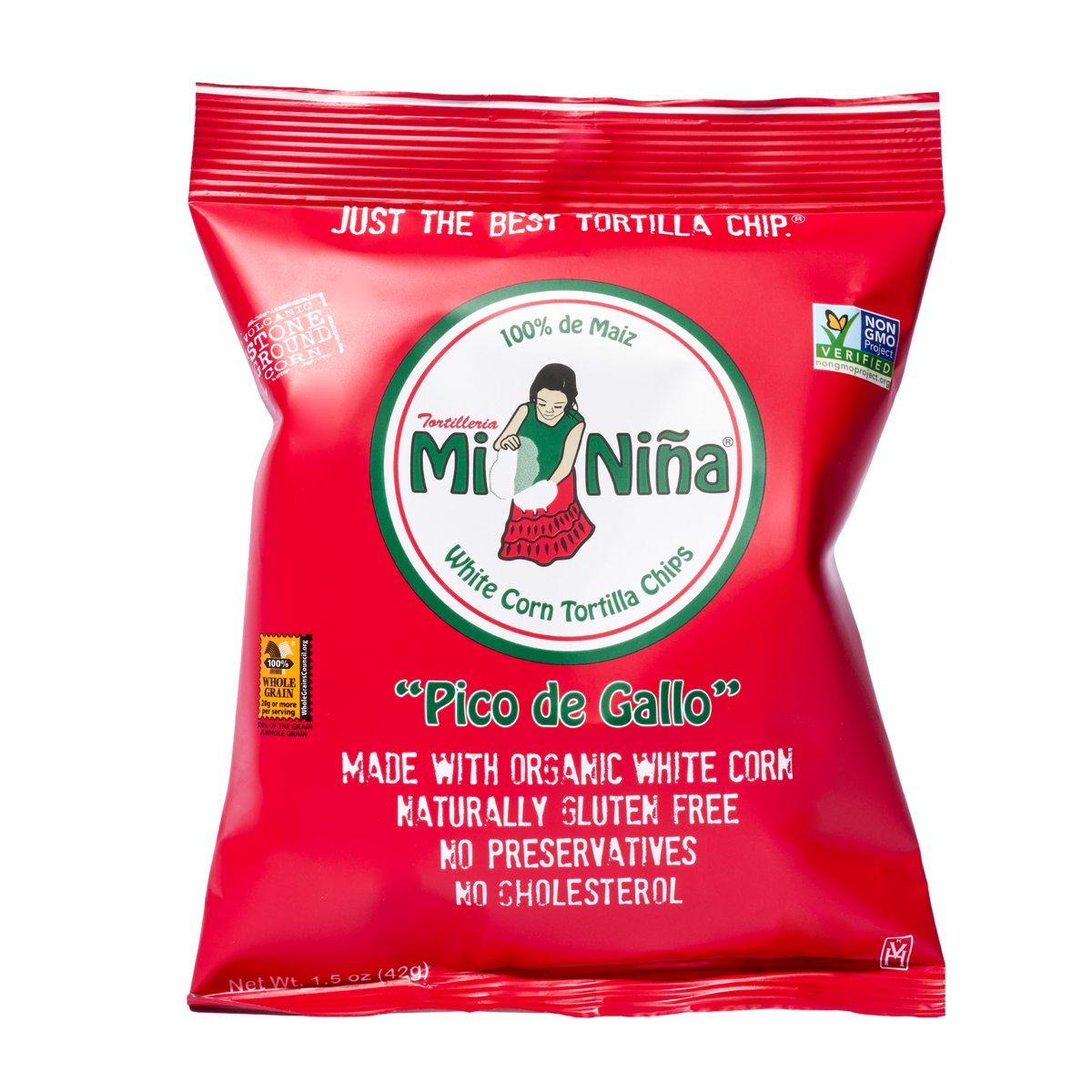A 1.5 oz bag of Mi Niña Tortilla Pico de Gallo Tortilla Chip Snack Bags, featuring white corn tortilla chips.