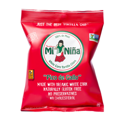 A 1.5 oz bag of Mi Niña Tortilla Pico de Gallo Tortilla Chip Snack Bags, featuring white corn tortilla chips.