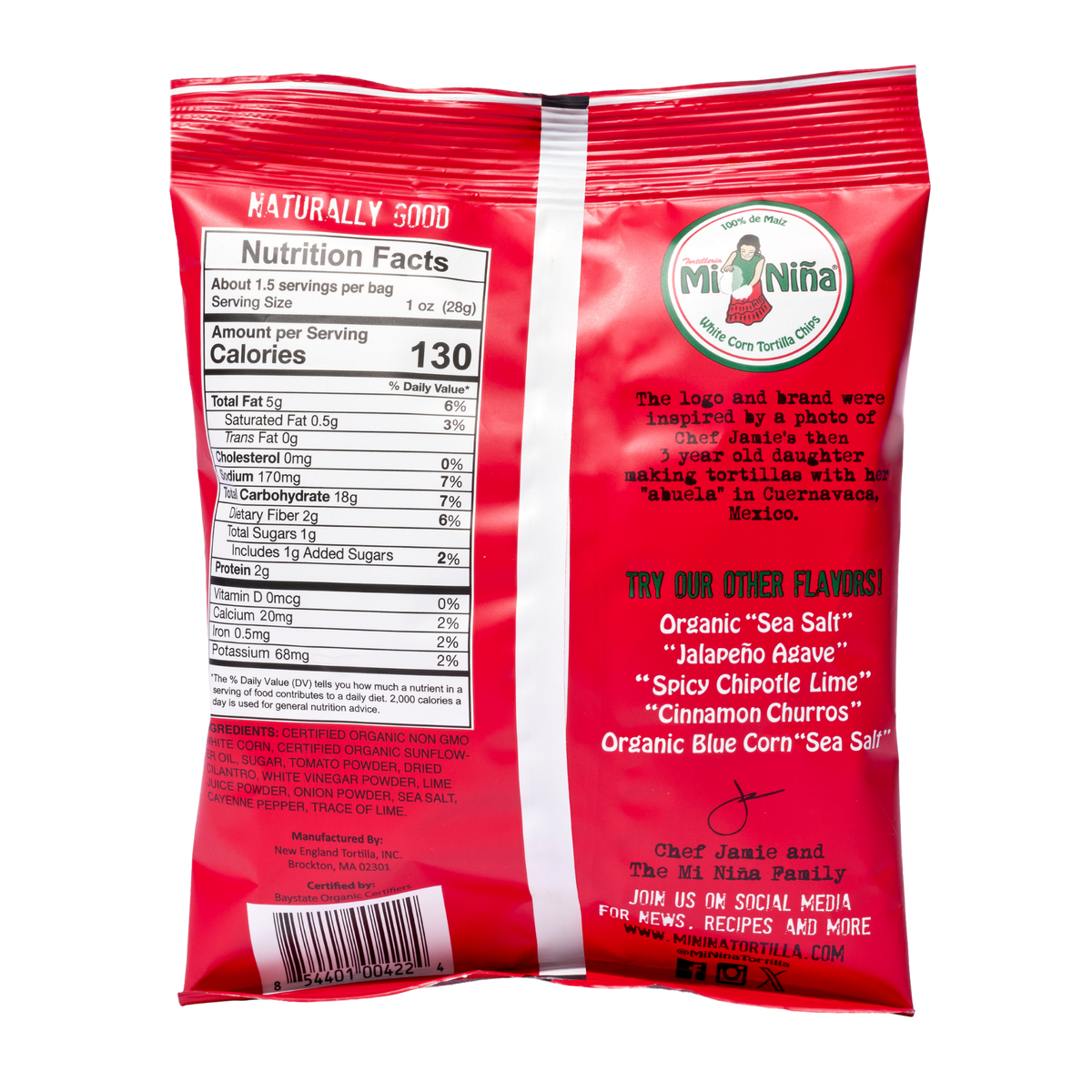 The back of a 1.5 oz Mi Niña Tortilla Pico de Gallo Tortilla Chip Snack Bag showing a nutrition facts label, ingredient list, and text describing the brand’s history and other available flavors.