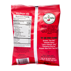 The back of a 1.5 oz Mi Niña Tortilla Pico de Gallo Tortilla Chip Snack Bag showing a nutrition facts label, ingredient list, and text describing the brand’s history and other available flavors.
