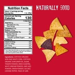 Nutrition facts label and ingredient list for a 1.5 oz bag of Mi Niña Tortilla Pico de Gallo Tortilla Chip Snack Bags next to a scatter of chips on a red background, with the text NATURALLY GOOD at the top.