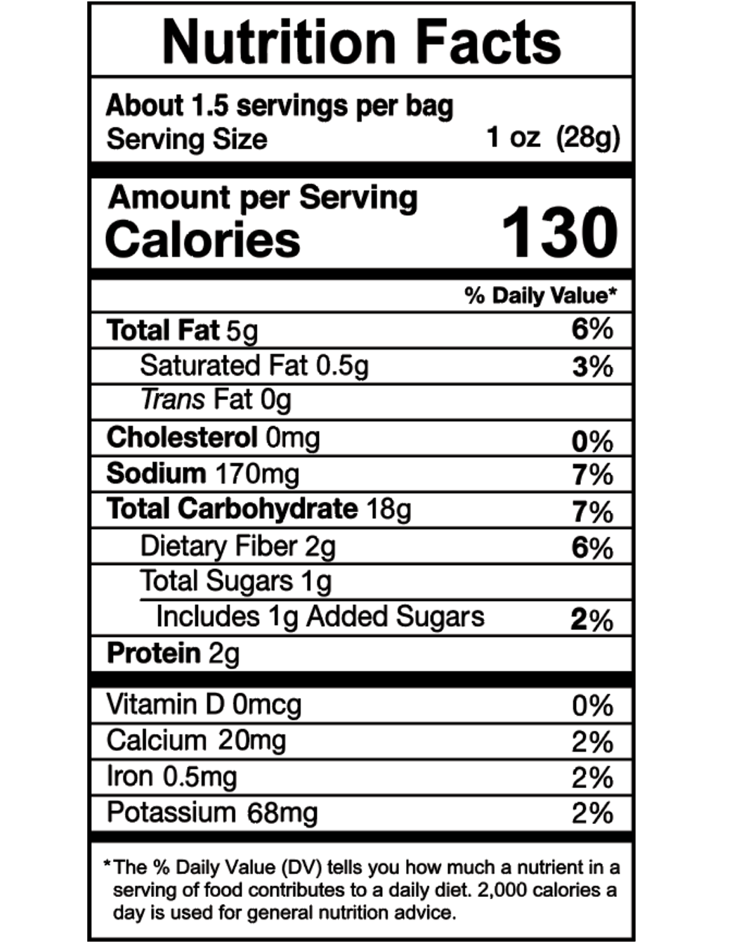Nutrition facts for Pico de Gallo Tortilla Chip Snack Bags – 1.5 oz (24-Pack)