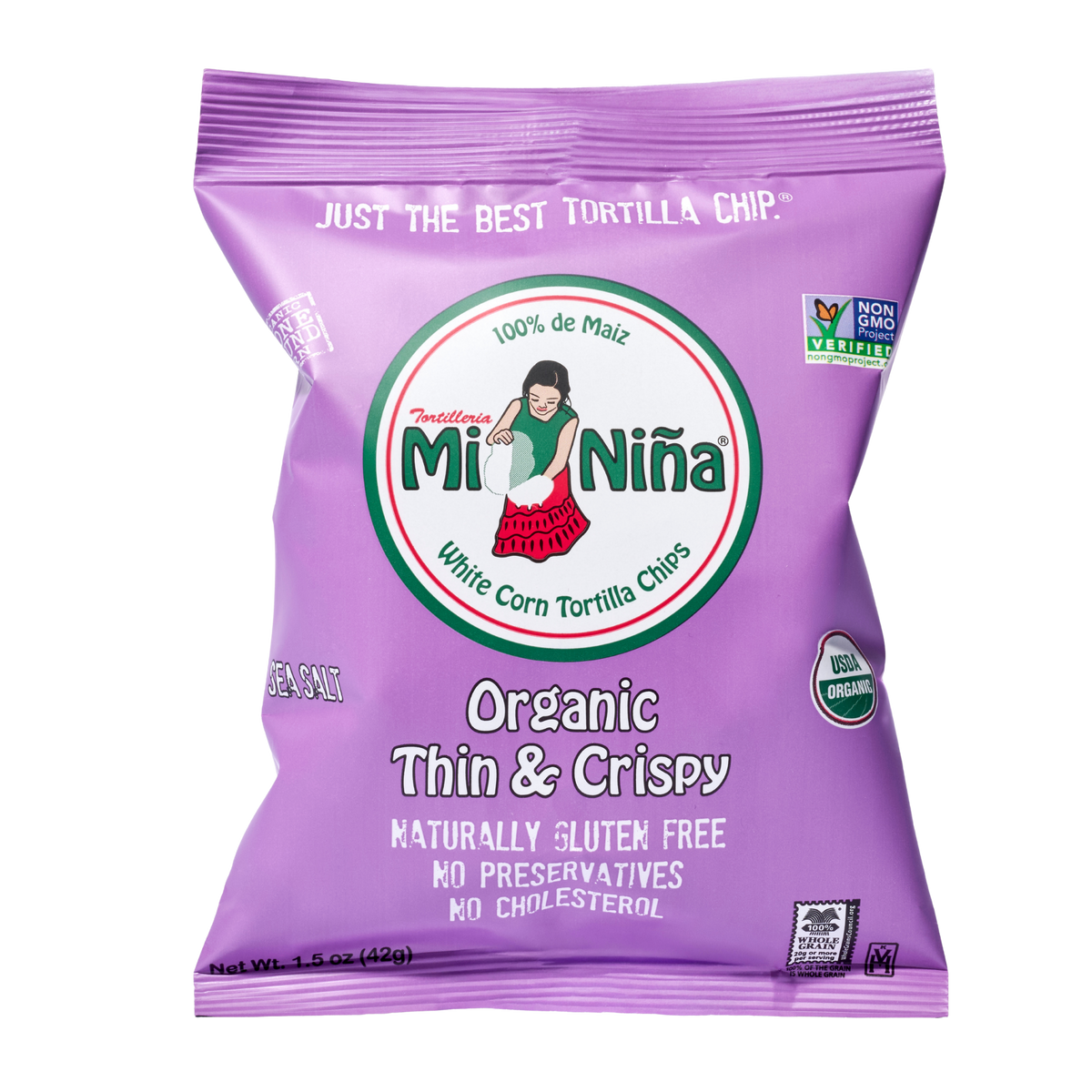 A purple bag of Mi Niña Tortilla Organic Thin & Crispy Sea Salt – 24 Pack / 1.5 oz thin and crispy organic white corn tortilla chips.