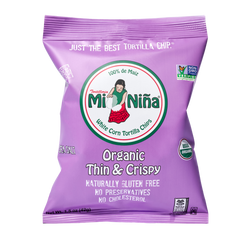 A purple bag of Mi Niña Tortilla Organic Thin & Crispy Sea Salt – 24 Pack / 1.5 oz thin and crispy organic white corn tortilla chips.