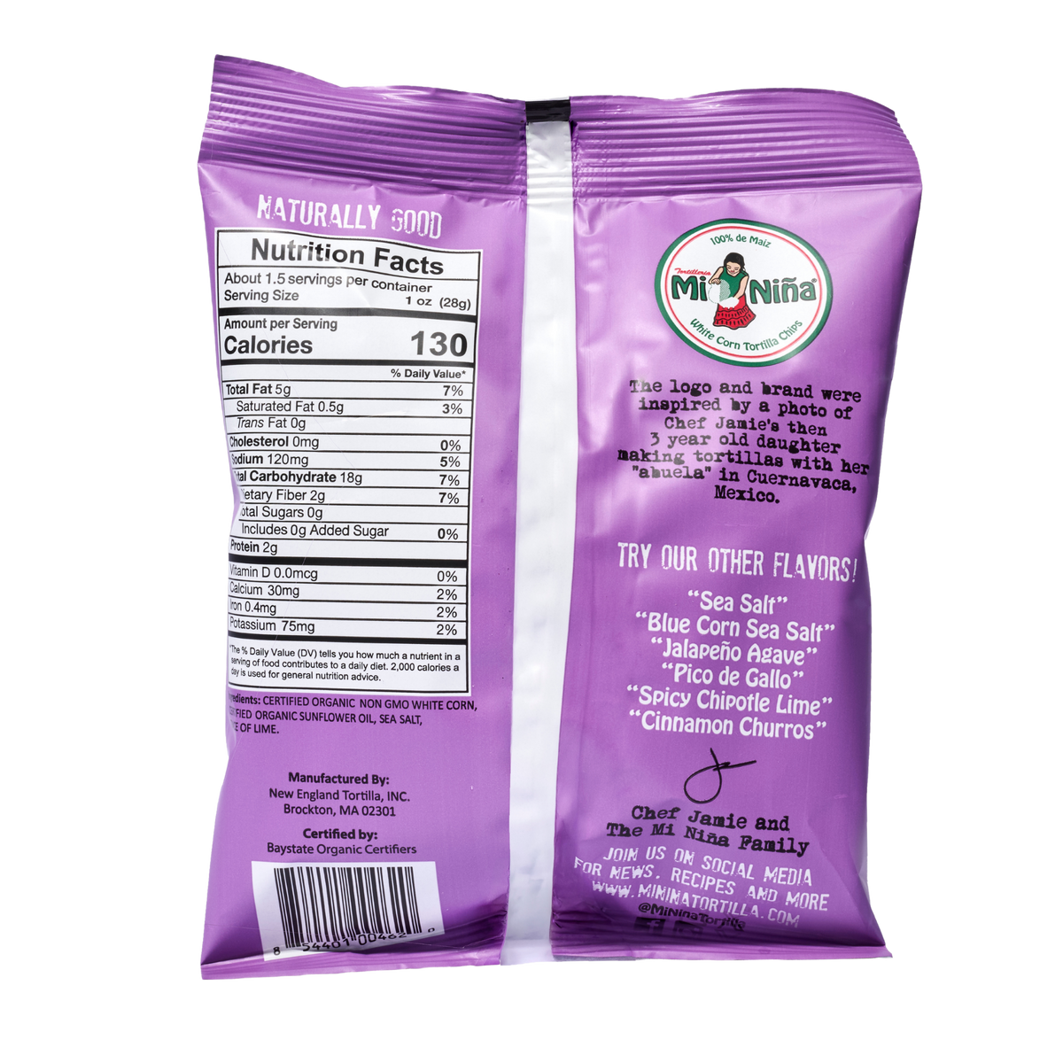 Back of a purple bag of Mi Niña Tortilla Organic Thin & Crispy Sea Salt – 24 Pack / 1.5 oz, featuring a nutrition facts label on the left and a brand story, flavor list, and contact information on the right.