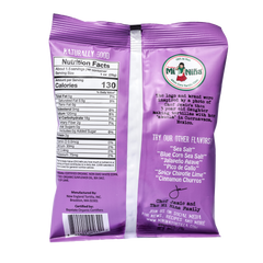 Back of a purple bag of Mi Niña Tortilla Organic Thin & Crispy Sea Salt – 24 Pack / 1.5 oz, featuring a nutrition facts label on the left and a brand story, flavor list, and contact information on the right.