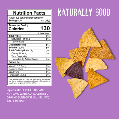 A nutrition label for Mi Niña Tortilla Organic Thin & Crispy Sea Salt chips (24 Pack / 1.5 oz), the phrase “Naturally Good,” and seven colorful tortilla chips are displayed on a purple background. Ingredients such as sea salt and product facts are included.
