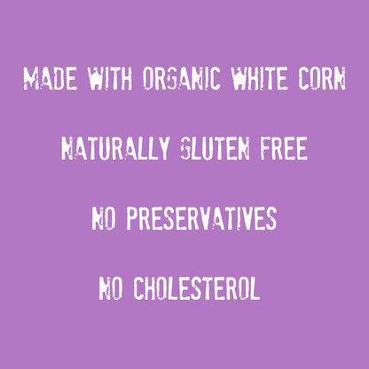 Text on a purple background reads: Mi Niña Tortilla Organic Thin & Crispy Sea Salt chips are made with organic white corn, naturally gluten free, and contain no preservatives or cholesterol. These 1.5 oz tortilla chips come lightly seasoned with sea salt.