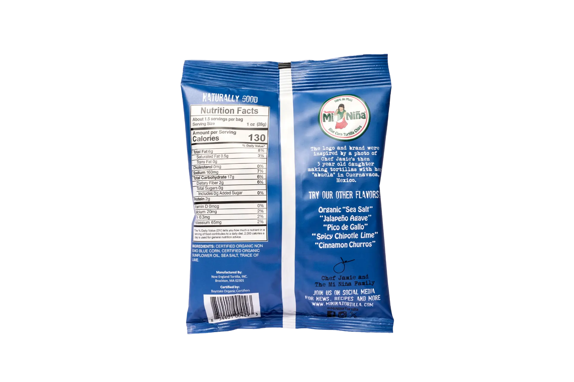 Back of a Mi Niña Tortilla Organic Blue Corn “Sea Salt” Tortilla Chip 1.5 oz bag from the 24 pack, featuring nutrition facts, description, other flavors, barcode, and the Mi Niña logo at top right on a plain white background.