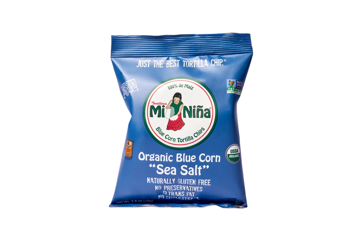 A 1.5 oz bag of Mi Niña Tortilla Organic Blue Corn “Sea Salt” Tortilla Chips—gluten free, no preservatives, non-GMO, organic, and 0g trans fat—all in blue packaging; available in a 24 pack.