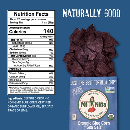 A bag of Mi Niña Tortilla Organic Blue Corn “Sea Salt” Tortilla Chips (9 Pack / 12 oz) is shown with nutrition facts and ingredients on the left, while organic blue corn tortilla chips spill out of the bag onto a blue background.