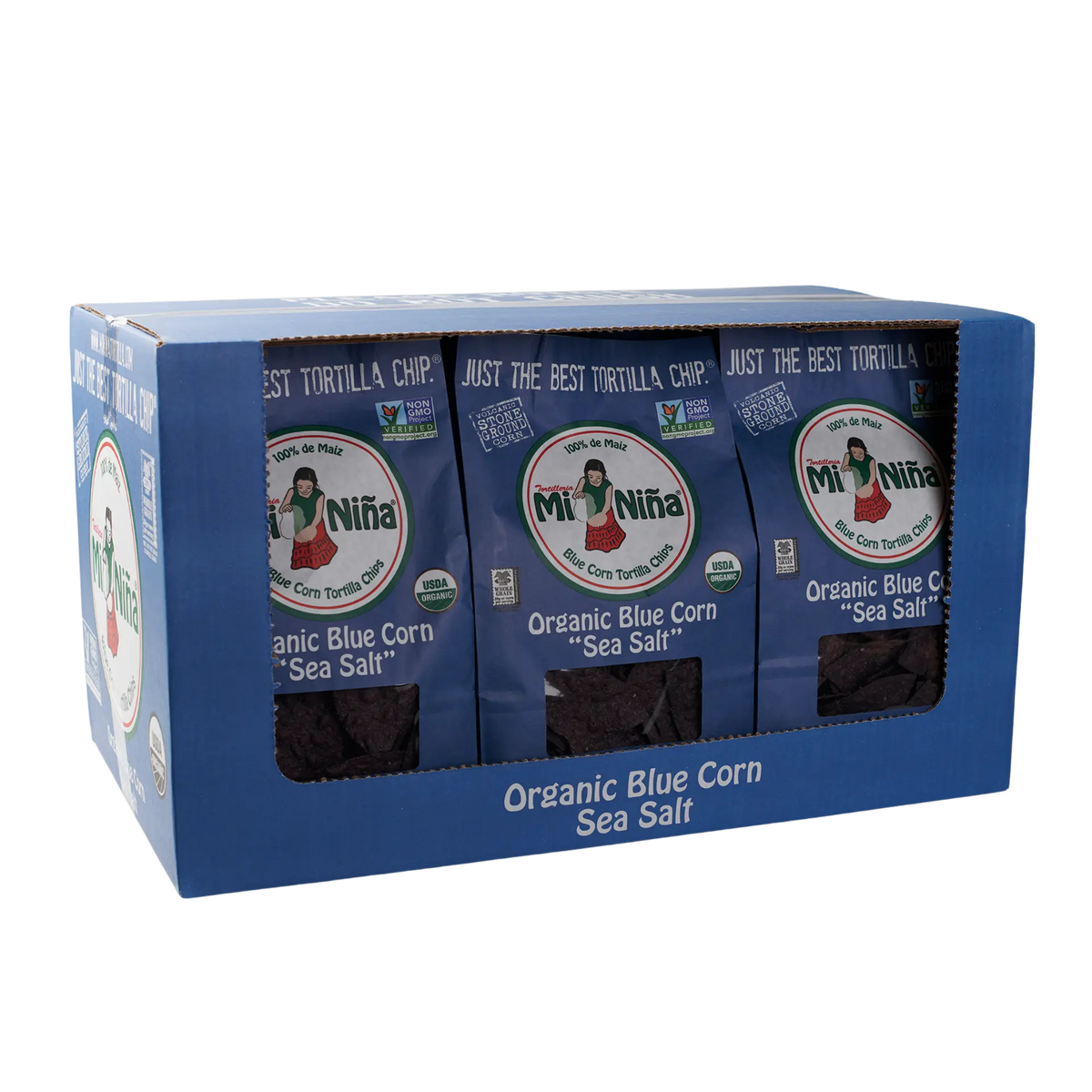 A blue box contains three bags of Mi Niña Tortilla Organic Blue Corn Sea Salt Tortilla Chip - 9 Pack / 12 oz, visible through a clear front window.