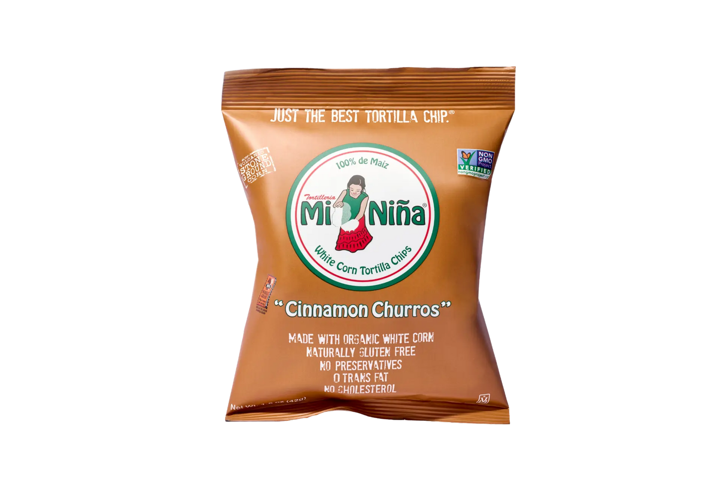 A brown Mi Niña Tortilla Cinnamon “Churros” Tortilla Chip 1.5 oz bag displays a girl in a red skirt logo and front details like no preservatives and no trans fat; available in a 24 pack.