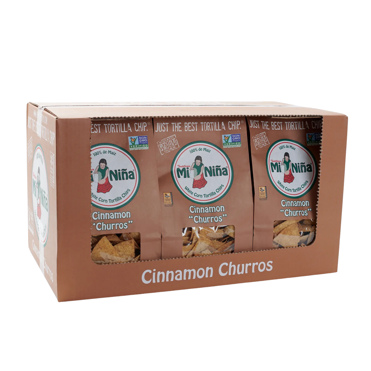 A box containing three bags of Mi Niña Tortilla Cinnamon Churros Tortilla Chip - 9 Pack / 12 oz, with branding and text visible on the packaging.