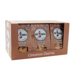A box containing three bags of Mi Niña Tortilla Cinnamon Churros Tortilla Chip - 9 Pack / 12 oz, with branding and text visible on the packaging.