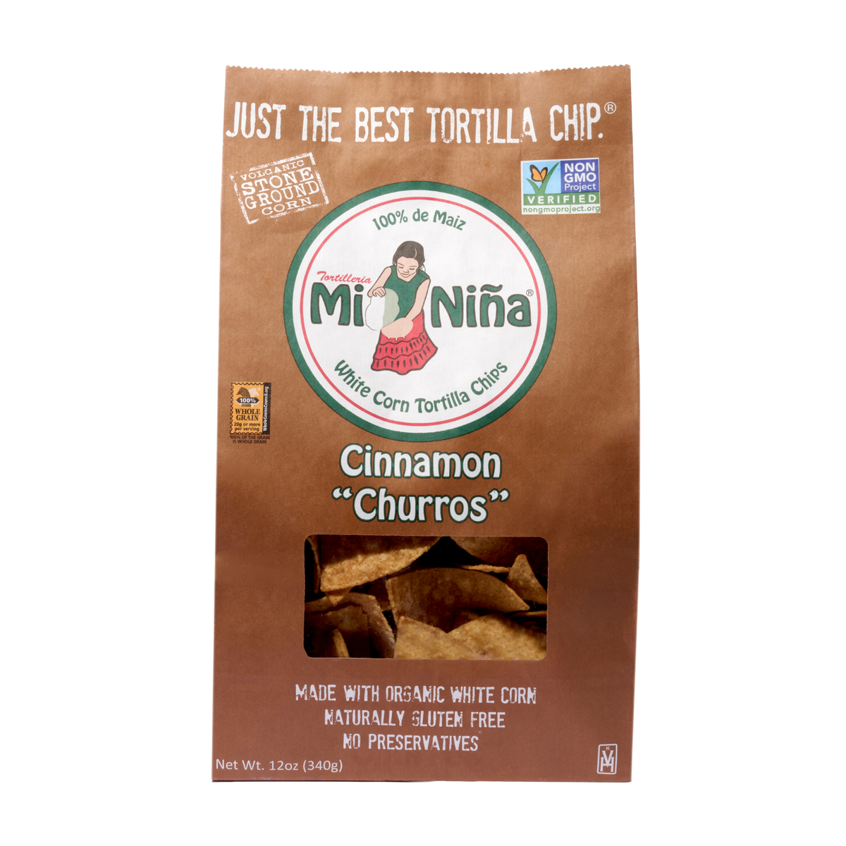 A brown Mi Niña Tortilla Cinnamon “Churros” Tortilla Chip bag (9 Pack / 12 oz) with a window showing the chips, labeled organic, gluten-free, and non-GMO.