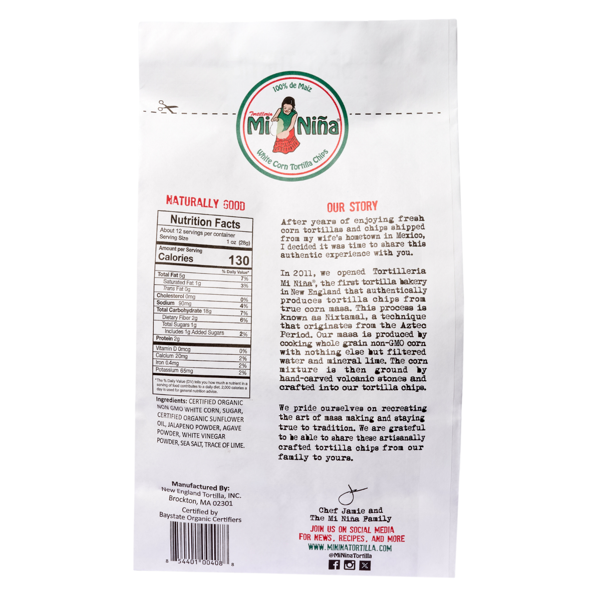 Back of a 12 oz Mi Niña Tortilla “Jalapeño Agave” Chip bag from the 9 Pack, showing nutrition, ingredients, brand story, and contact info. The design has a circular logo with a girl and text in English and Spanish.
