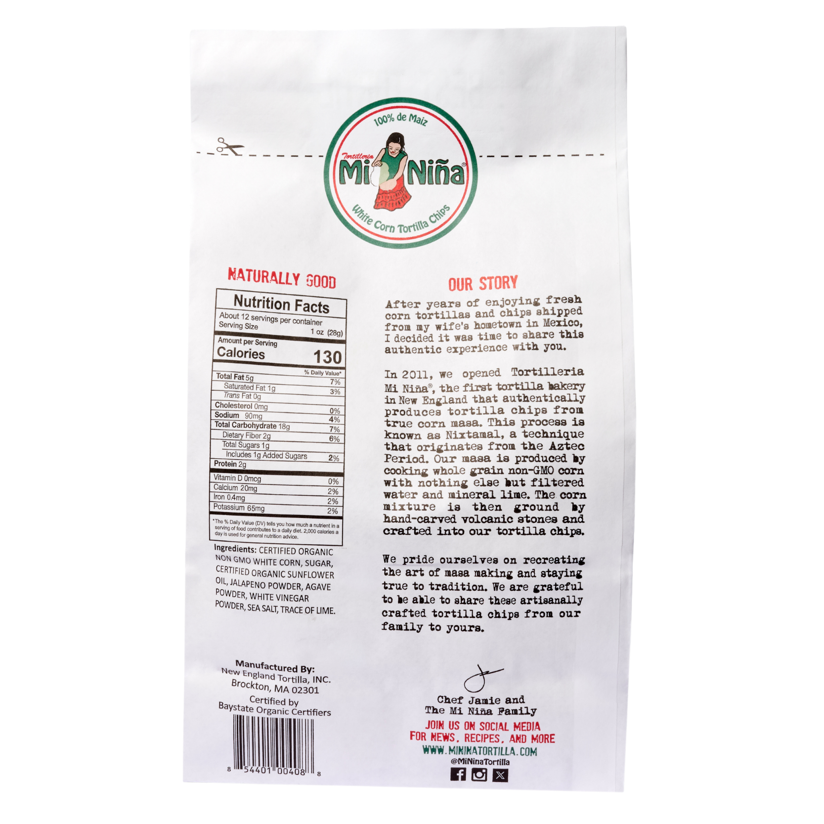 Back of a 12 oz Mi Niña Tortilla “Jalapeño Agave” Chip bag from the 9 Pack, showing nutrition, ingredients, brand story, and contact info. The design has a circular logo with a girl and text in English and Spanish.