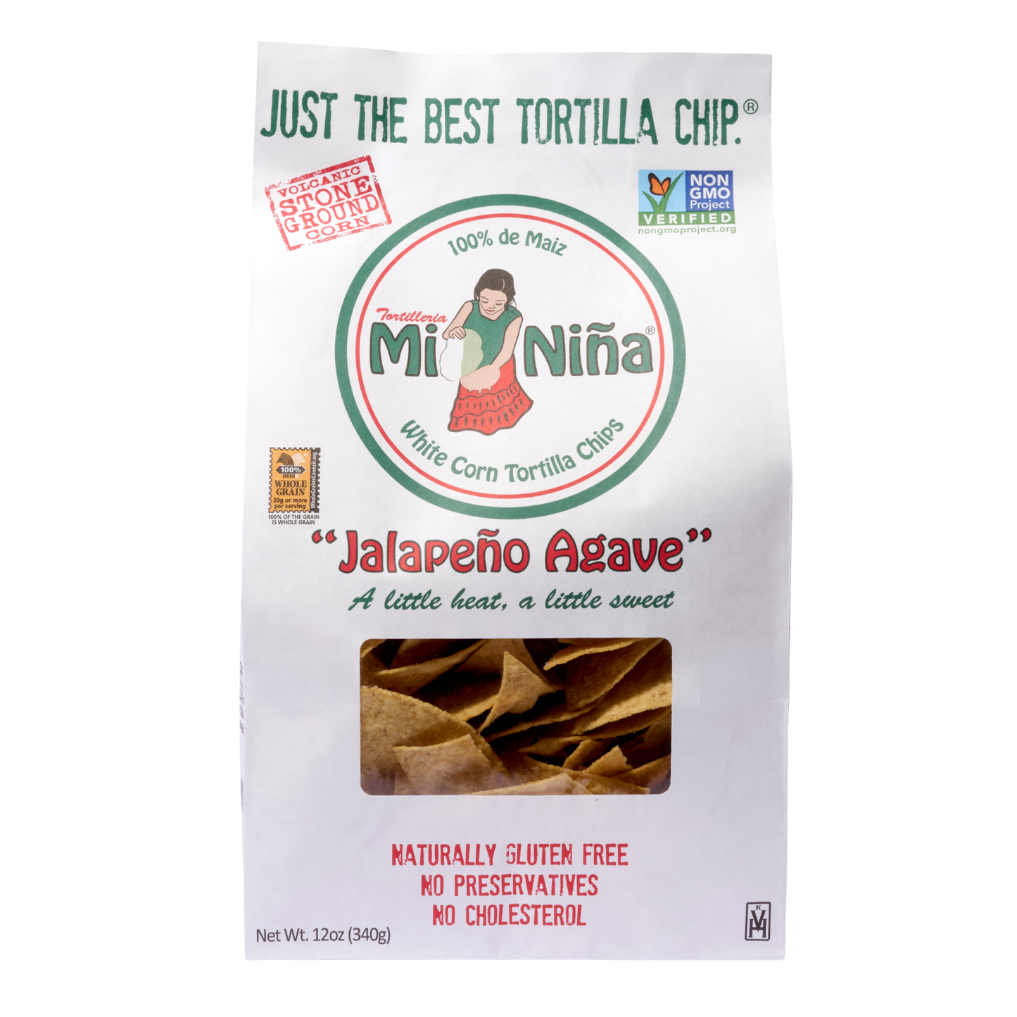 A 12 oz bag of Mi Niña Tortilla “Jalapeño Agave” Chips features “Just the Best Tortilla Chip,” is gluten-free, non-GMO, and shows chips through a clear window. Available as a 9 pack.