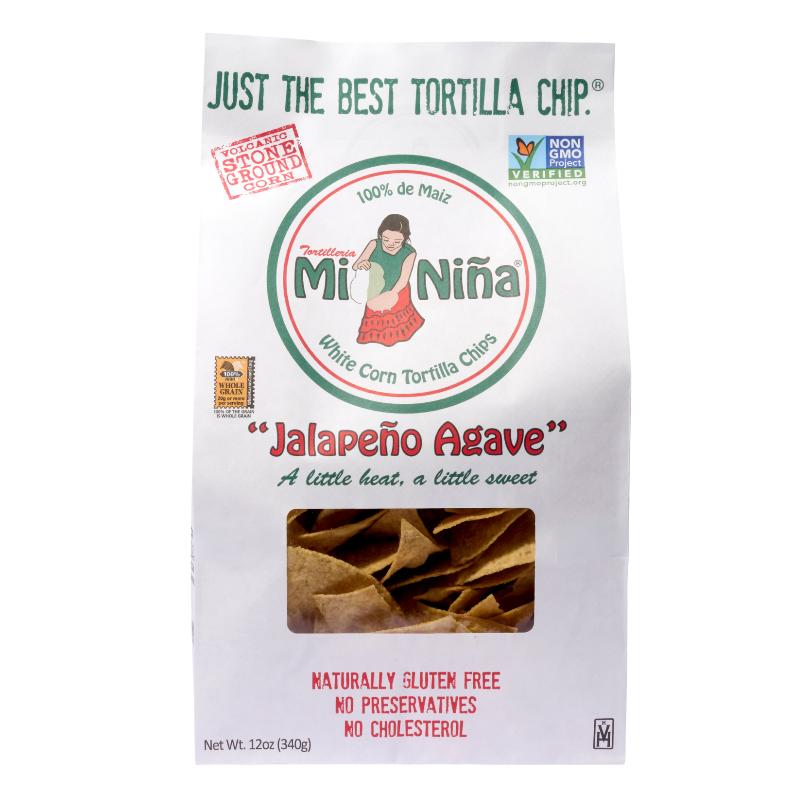A 12 oz bag of Mi Niña Tortilla “Jalapeño Agave” Chips features “Just the Best Tortilla Chip,” is gluten-free, non-GMO, and shows chips through a clear window. Available as a 9 pack.
