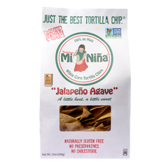 A 12 oz bag of Mi Niña Tortilla “Jalapeño Agave” Chips features “Just the Best Tortilla Chip,” is gluten-free, non-GMO, and shows chips through a clear window. Available as a 9 pack.