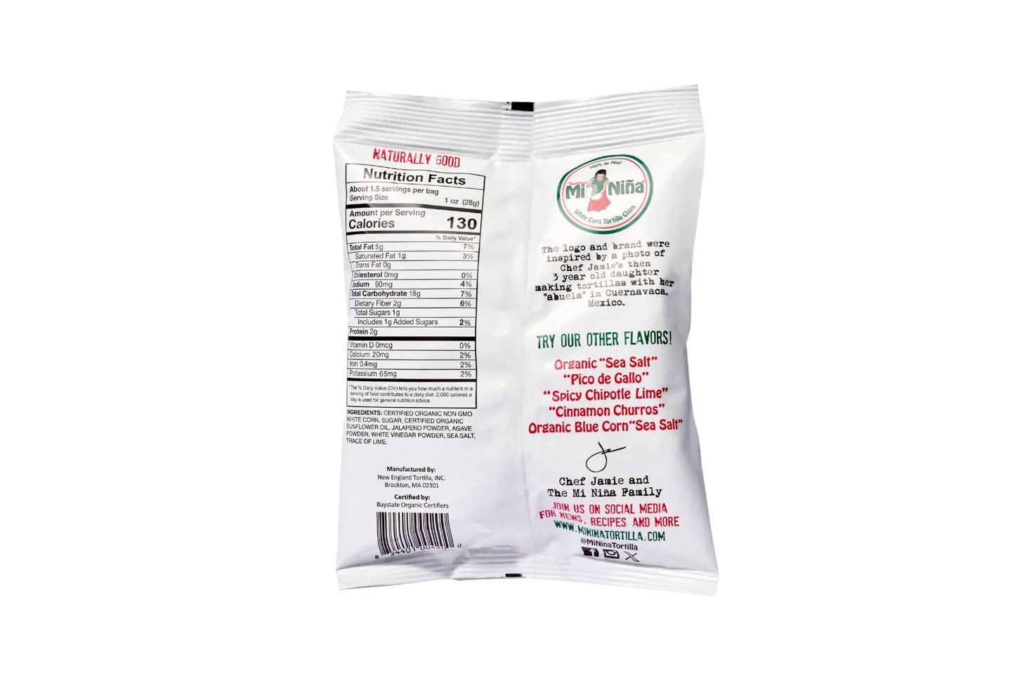 Back of a 1.5 oz Mi Niña “Jalapeño Agave” Tortilla Chip bag displays nutrition facts, ingredients, barcode, company info, logo, and other flavors on a white background. Product: 24 Pack / 1.5 oz.