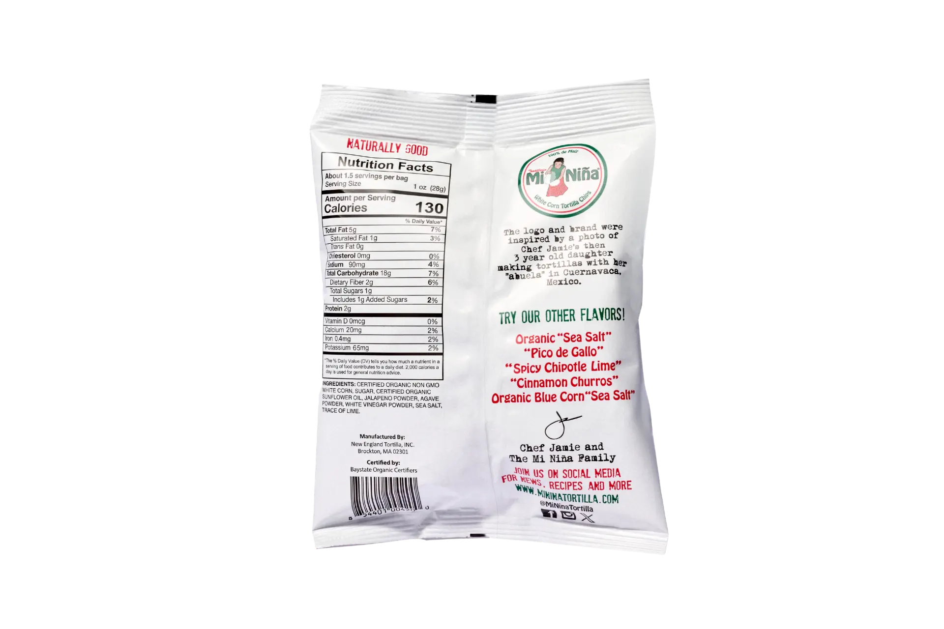 Back of a 1.5 oz Mi Niña “Jalapeño Agave” Tortilla Chip bag displays nutrition facts, ingredients, barcode, company info, logo, and other flavors on a white background. Product: 24 Pack / 1.5 oz.