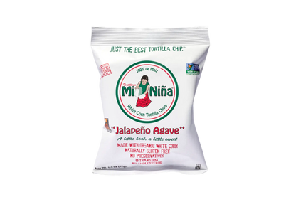 A 1.5 oz bag of Mi Niña Tortilla “Jalapeño Agave” Tortilla Chips—organic white corn, gluten free, non-GMO, no preservatives. Available in a 24-pack.