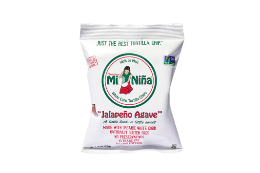 A 1.5 oz bag of Mi Niña Tortilla “Jalapeño Agave” Tortilla Chips—organic white corn, gluten free, non-GMO, no preservatives. Available in a 24-pack.
